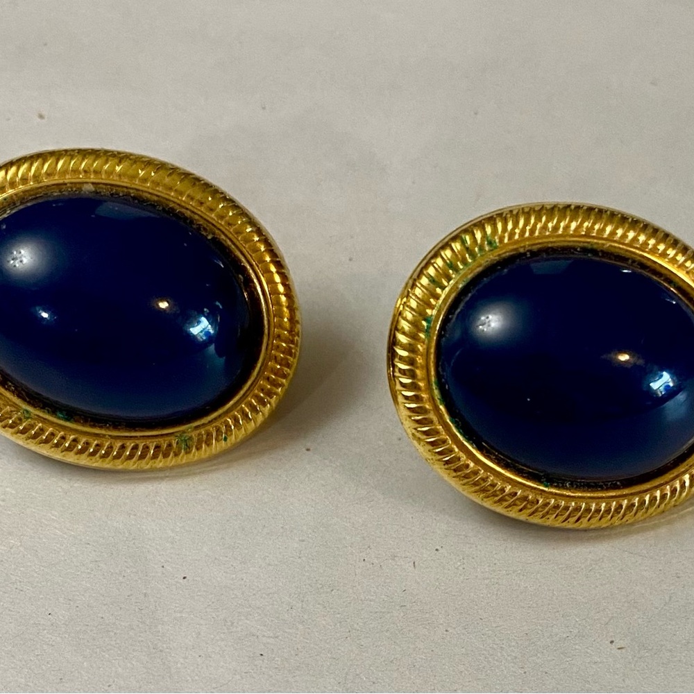 Sophisticated Blue and Gold Cabochon Earrings